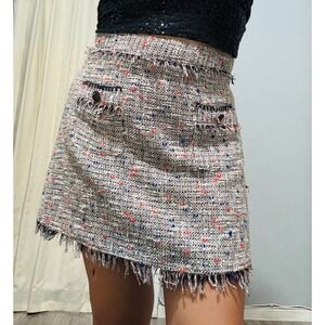 Zara Women Basic Tweed Skirt Mini A-Line Fringed Hem Pockets Casual Gray Size L